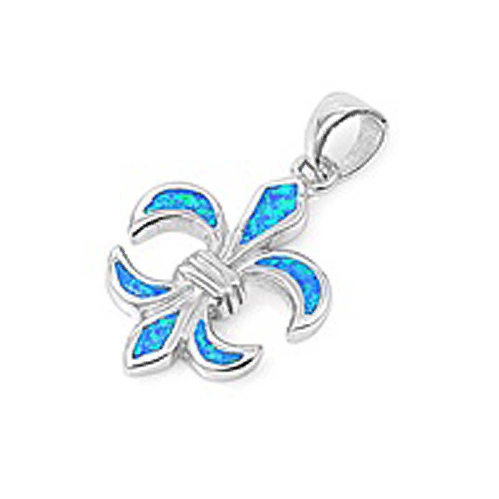 Sterling Silver Stylish Blue Lab Opal Fleur De Lise Pendant with Pendant Height of 25MM