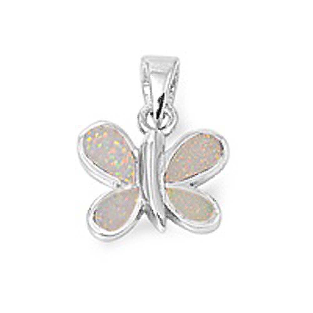 Sterling Silver Butterfly Shape White Lab Opal PendantAnd Pendant Height 14mm