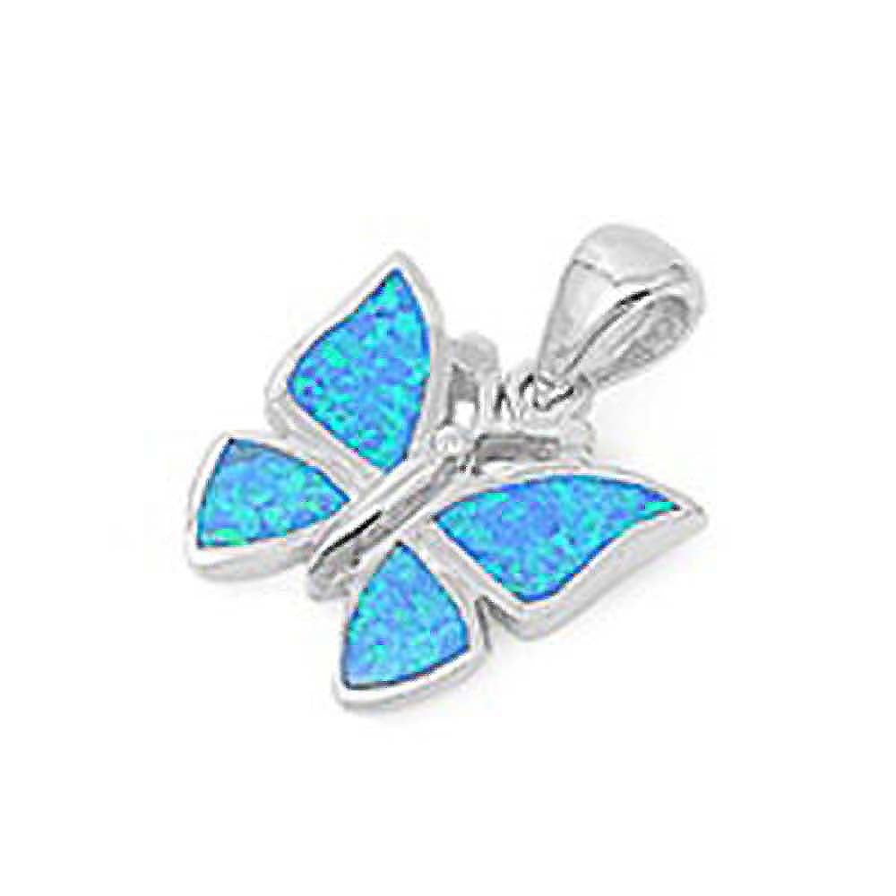 Sterling Silver Fancy Shape White Lab Opal Butterfly Pendant with Pendant Height of 17MM