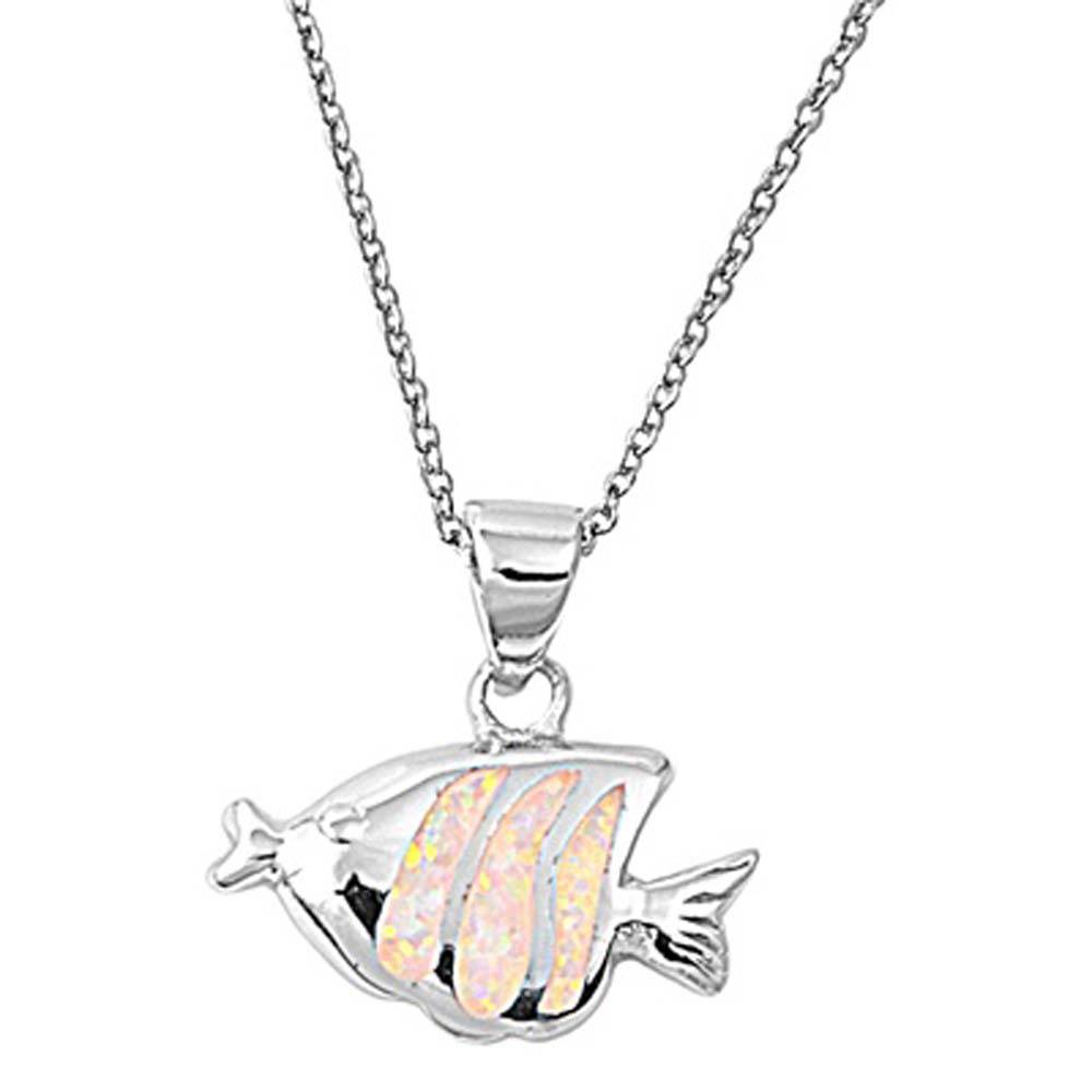 Sterling Silver Fancy Fish with White Lab Opal PendantAnd Pendant Height of 14MM and Chain Length of 16 inch + 2 inch extension