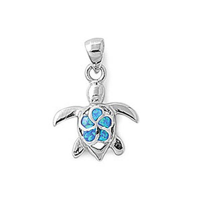 Sterling Silver Modish Fancy Open Cut Turtle and Blue Lab Opal Flower Pendant with Pendant Height of 19MM
