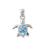 Sterling Silver Modish Fancy Open Cut Turtle and Blue Lab Opal Flower Pendant with Pendant Height of 19MM