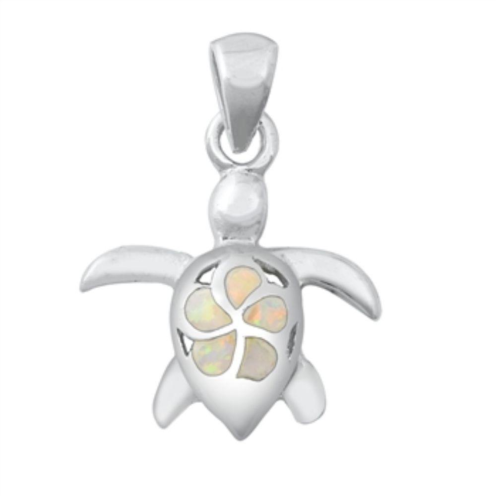 Sterling Silver White Lab Opal Turtle and Plumeria Pendant - silverdepot