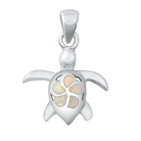 Sterling Silver White Lab Opal Turtle and Plumeria Pendant