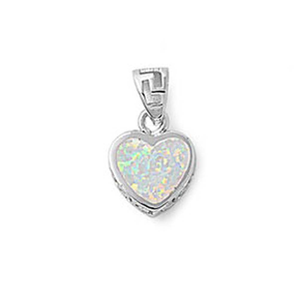 Sterling Silver Plain White Lab Opal Heart with Greek Key Edge PendantAnd Pendant Height of 15MM