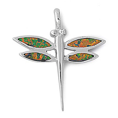 Sterling Silver Modish Black Lab Opal Dragonfly Pendant with Pendant Height of 31MM