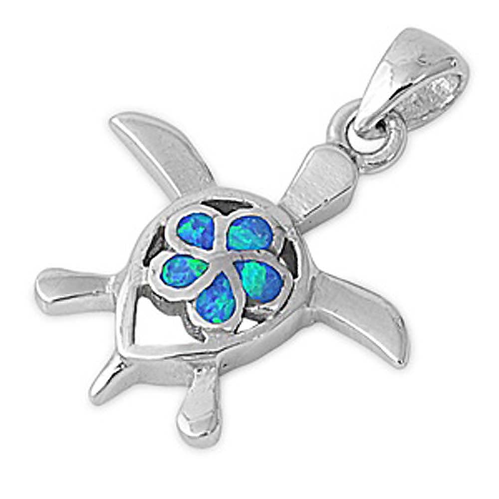 Sterling Silver Modish Fancy Open Cut Turtle and Blue Lab Opal Flower Pendant with Pendant Height of 18MM