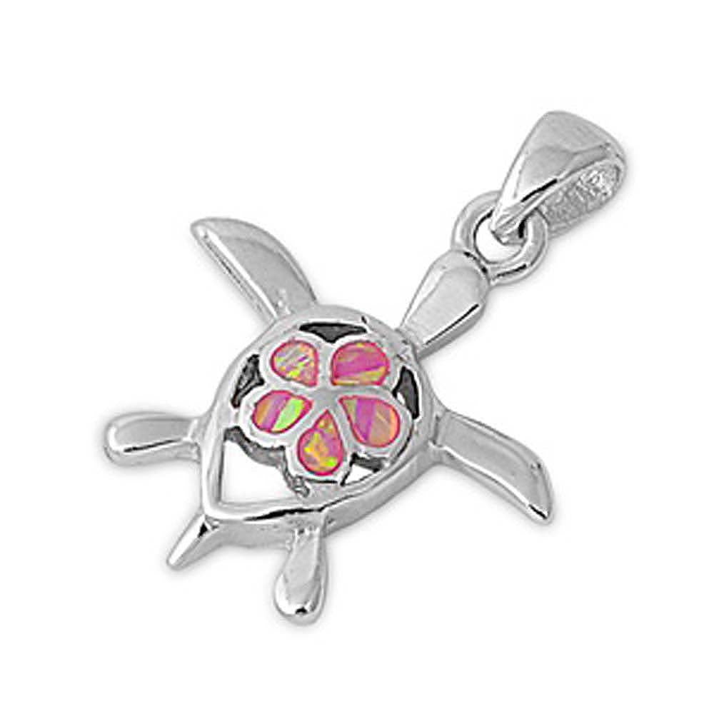 Sterling Silver Modish Fancy Open Cut Turtle and Pink Lab Opal Flower Pendant with Pendant Height of 18MM
