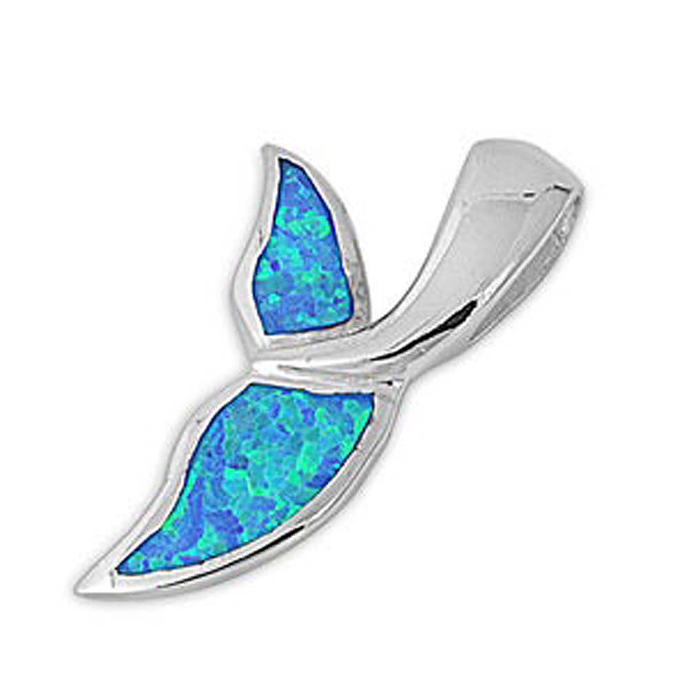 Sterling Silver Blue Lab Opal Whale Tail Pendant with Pendant Height of 28MM