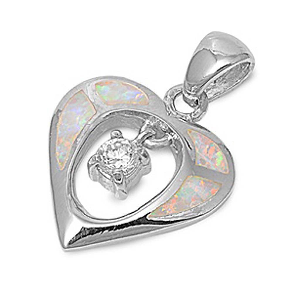 Sterling Silver Fancy White Lab Opal Open Cut Heart with Dangling Round Clear CZ Stone PendantAnd Pendant Height of 20MM