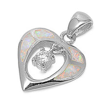 Load image into Gallery viewer, Sterling Silver Fancy White Lab Opal Open Cut Heart with Dangling Round Clear CZ Stone PendantAnd Pendant Height of 20MM