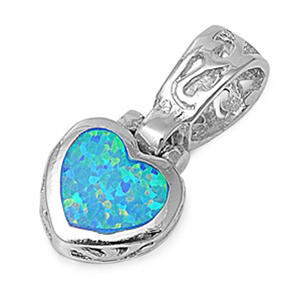 Sterling Silver Plain Blue Lab Opal Heart with Filigree Edge and BailAnd Pendant Height of 24MM