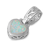 Sterling Silver Filigree Style White Lab Opal Heart Pendant with Pendant Height of 24MM