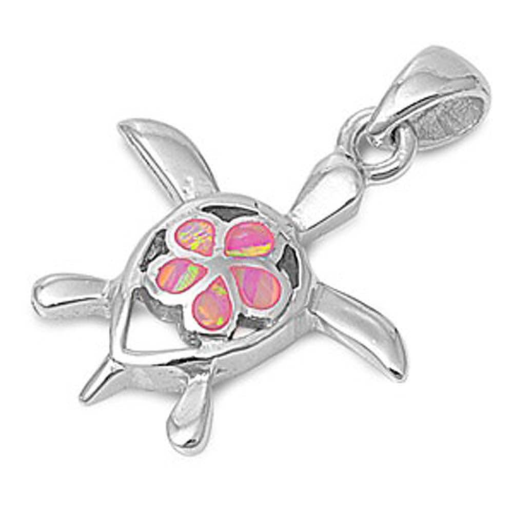 Sterling Silver Modish Fancy Open Cut Turtle and Pink Lab Opal Flower Pendant with Pendant Height of 23MM