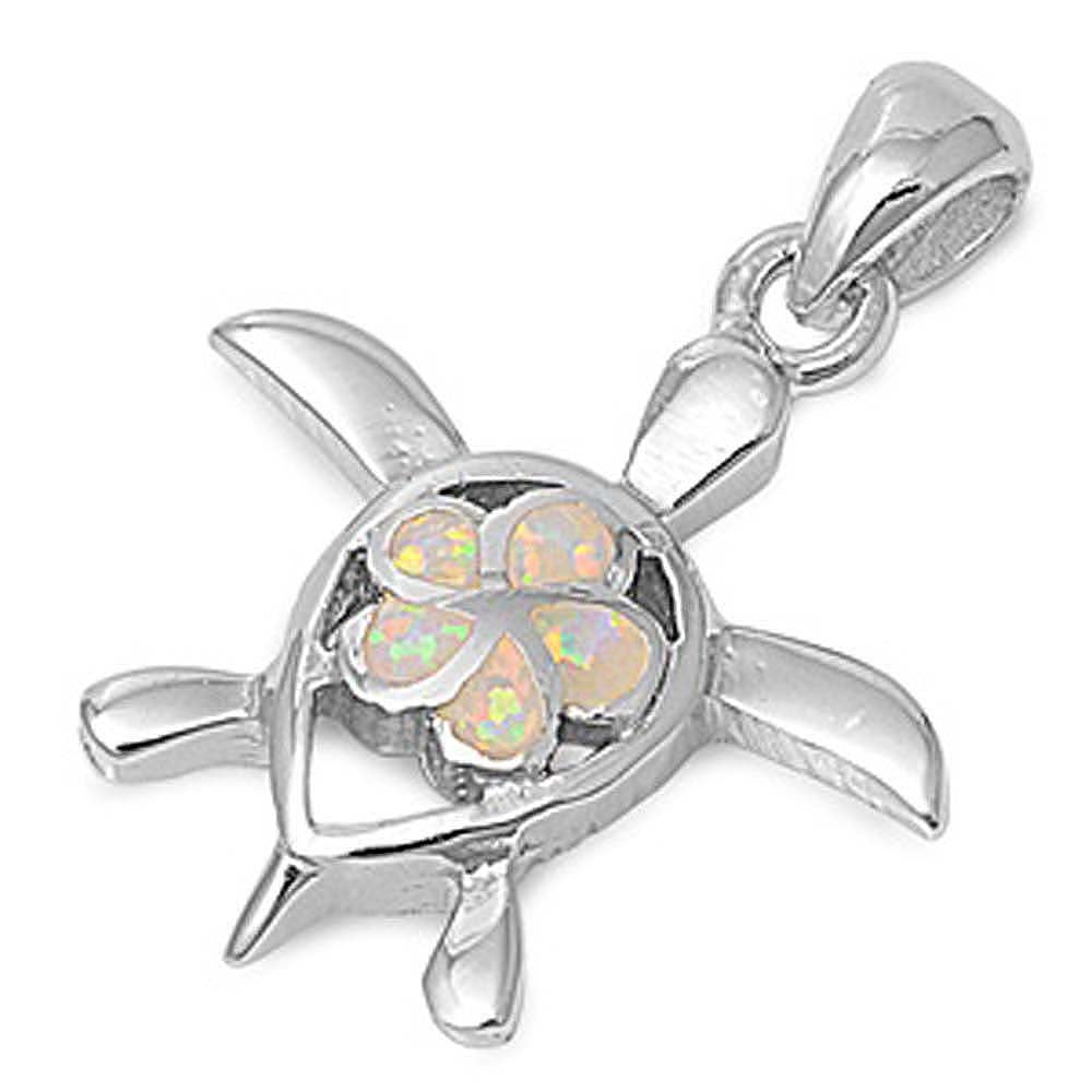 Sterling Silver Modish Fancy Open Cut Turtle and White Lab Opal Flower Pendant with Pendant Height of 23MM