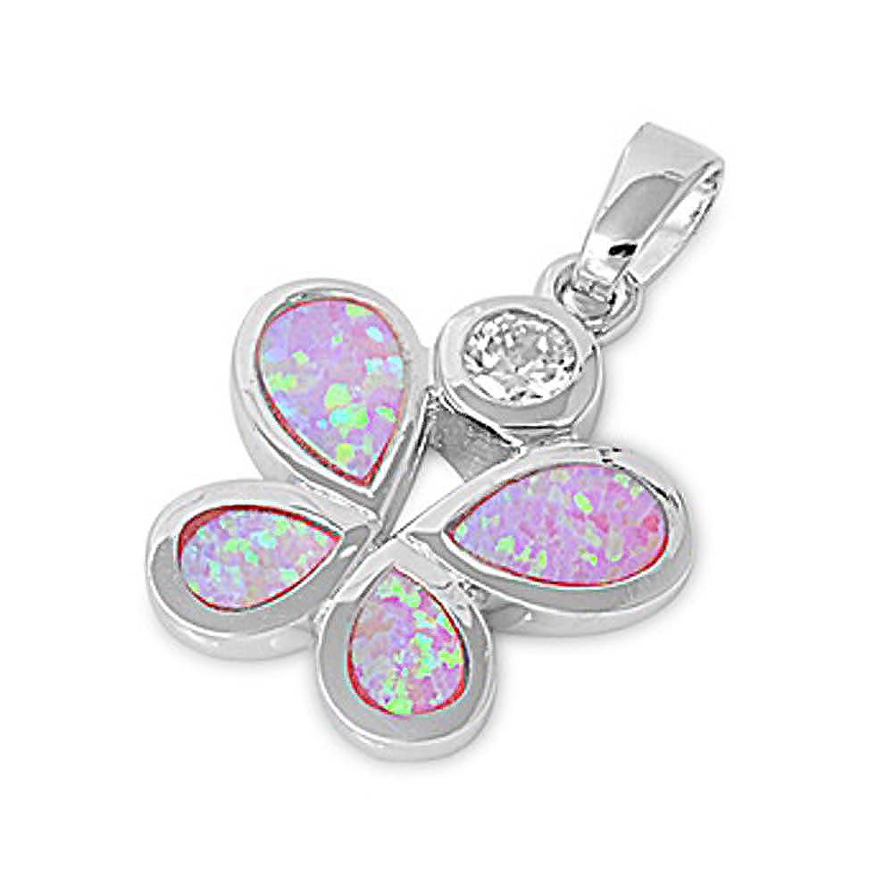 Sterling Silver Trendy Pink Lab Opal Butterfly with Round Clear CZ Stone at the TopAnd Pendant Height of 17.78MM