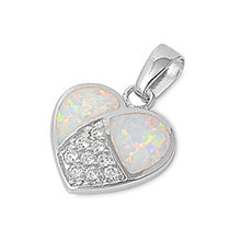 Load image into Gallery viewer, Sterling Silver Fancy White Lab Opal Heart with Round Clear CZ StoneAnd Pendant Height of 13.43MM