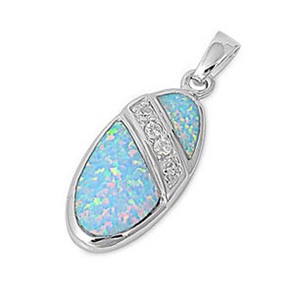 Sterling Silver Elegant Style Light Blue Lab Opal Oval with Round Clear CZ StonesAnd Pendant Height of 23.64MM