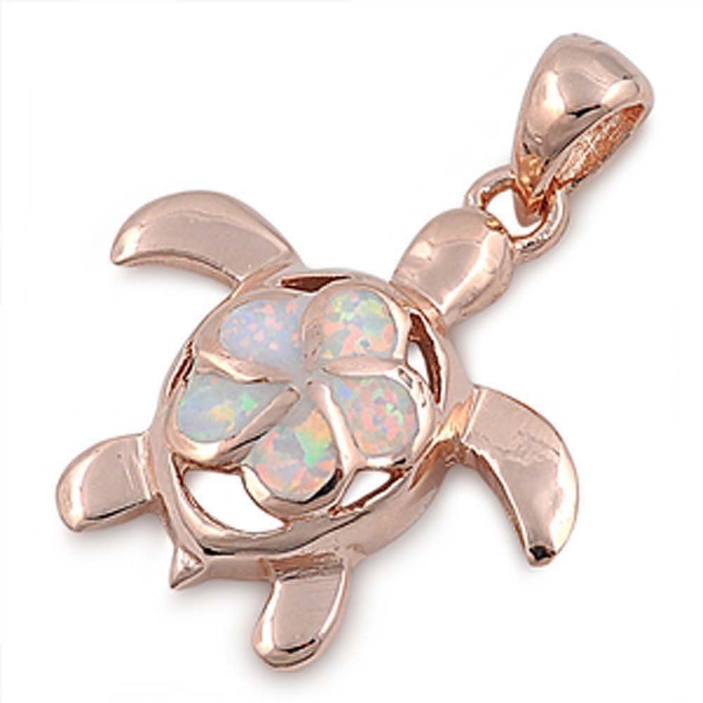 Sterling Silver Modish Fancy Open Cut Turtle and White Lab Opal Flower Rose Gold Plated Pendant with Pendant Height of 55MM