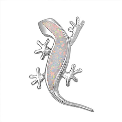 Sterling Silver Stylish White Lab Opal Lizard Pendant with Pendant Height of 32MM