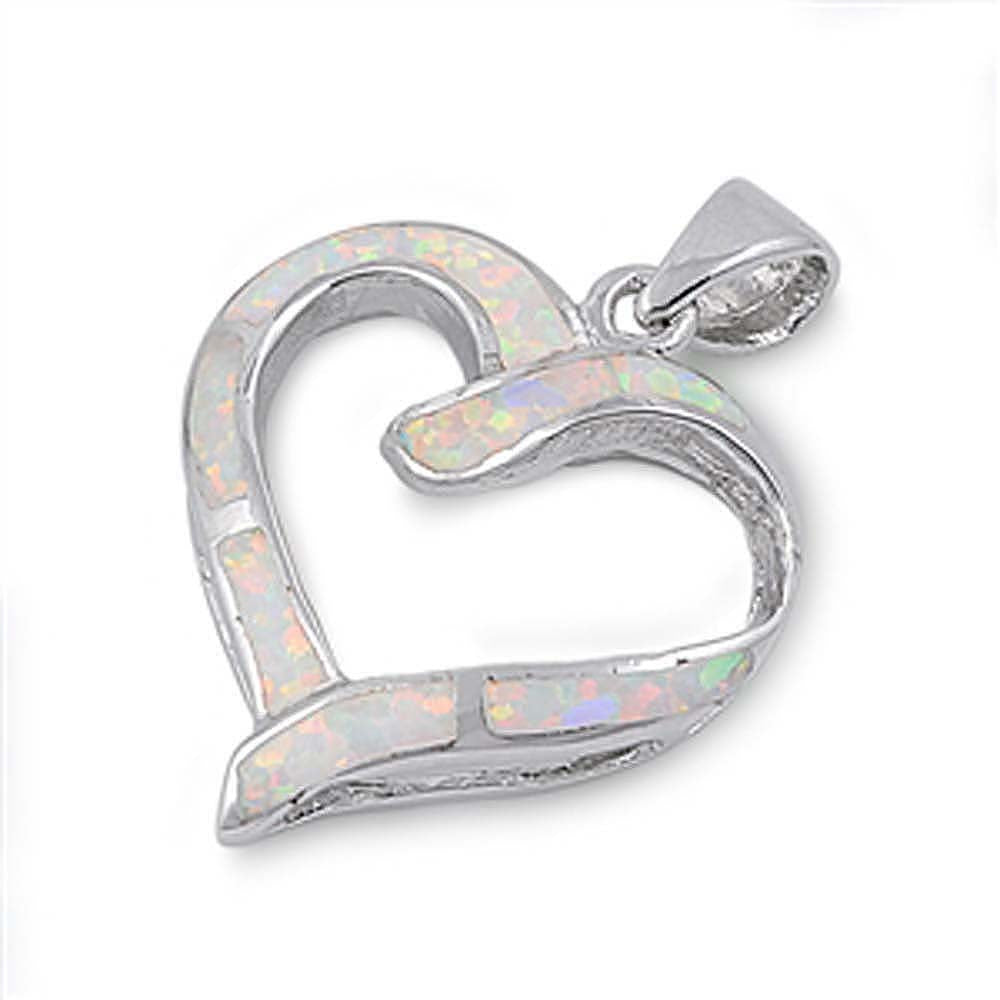 Sterling Silver Heart Shape White Lab Opal PendantAnd Pendant Height 27mm