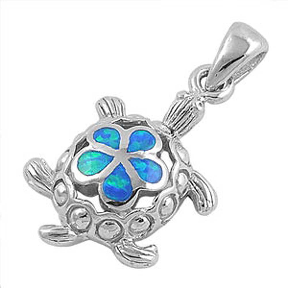 Sterling Silver Fancy Vintage Open Cut Turtle and Blue Lab Opal Flower Pendant with Pendant Height of 24MM