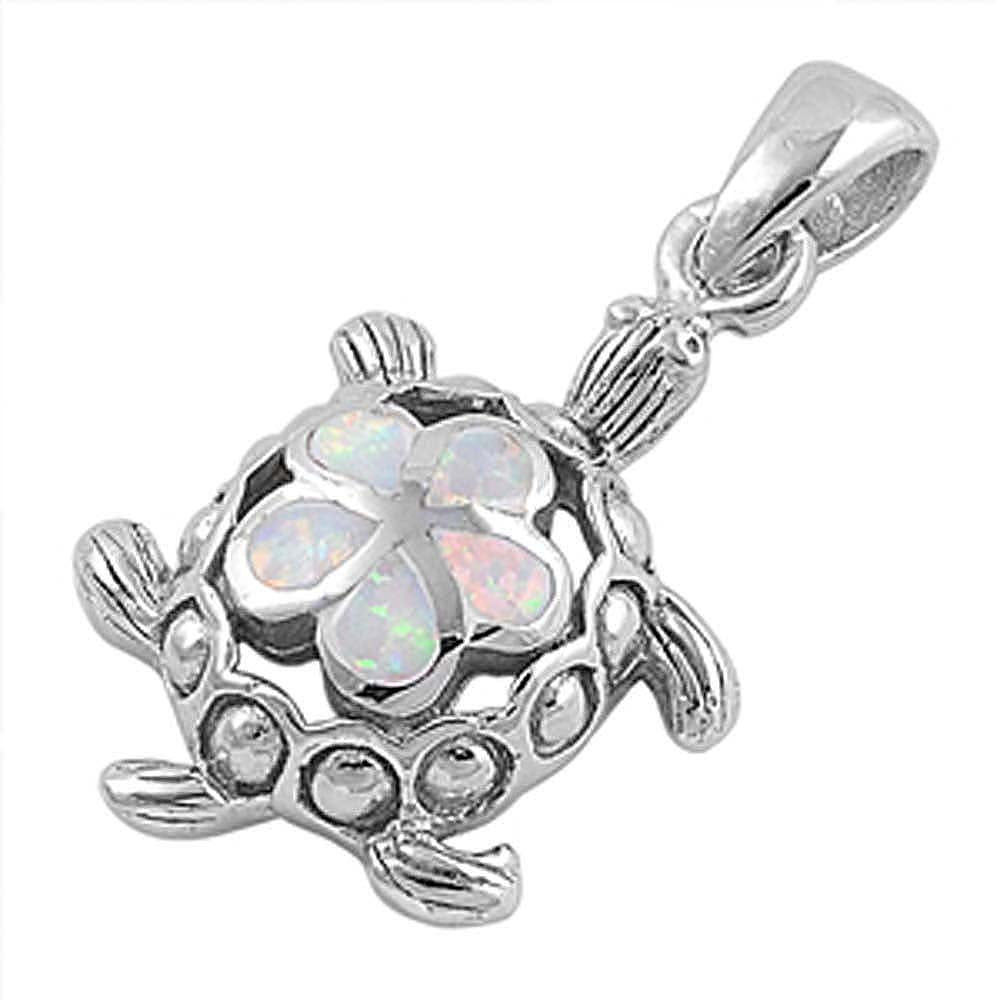 Sterling Silver Fancy Vintage Open Cut Turtle and White Lab Opal Flower Pendant with Pendant Height of 24MM