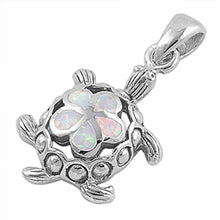 Load image into Gallery viewer, Sterling Silver Fancy Vintage Open Cut Turtle and White Lab Opal Flower Pendant with Pendant Height of 24MM