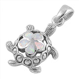 Sterling Silver Fancy Vintage Open Cut Turtle and White Lab Opal Flower Pendant with Pendant Height of 24MM