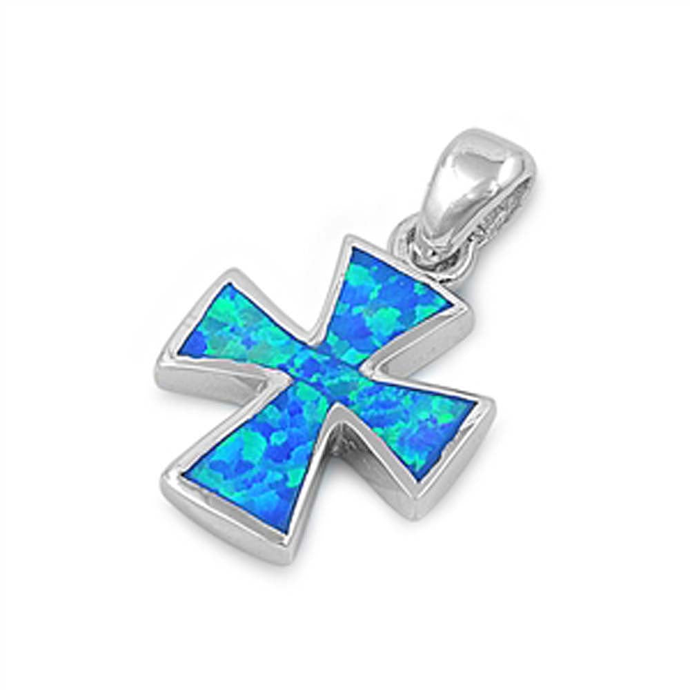 Sterling Silver Modern Blue Lab Opal Cross Pendant with Pendant Height of 20MM