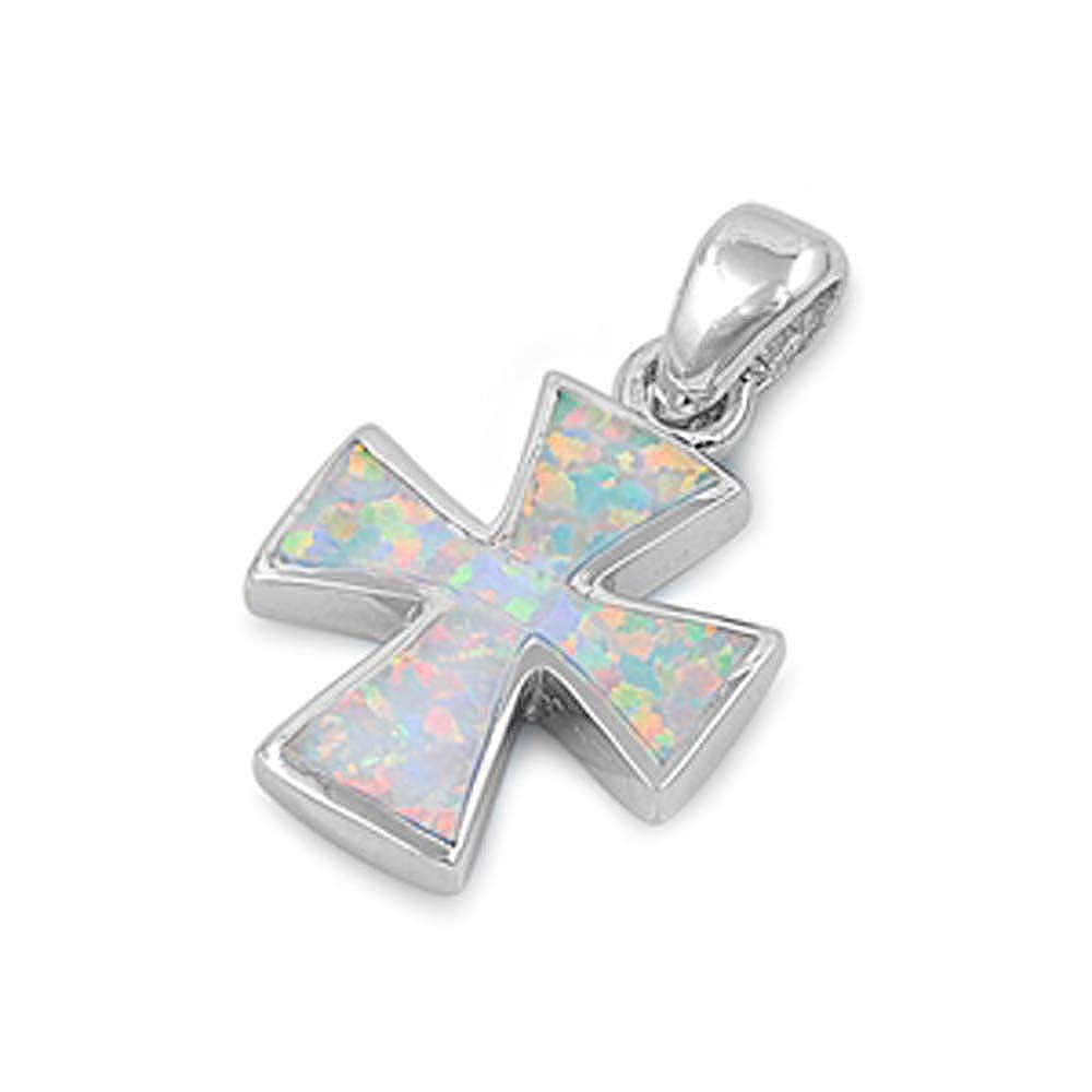 Sterling Silver Modern White Lab Opal Cross Pendant with Pendant Height of 20MM