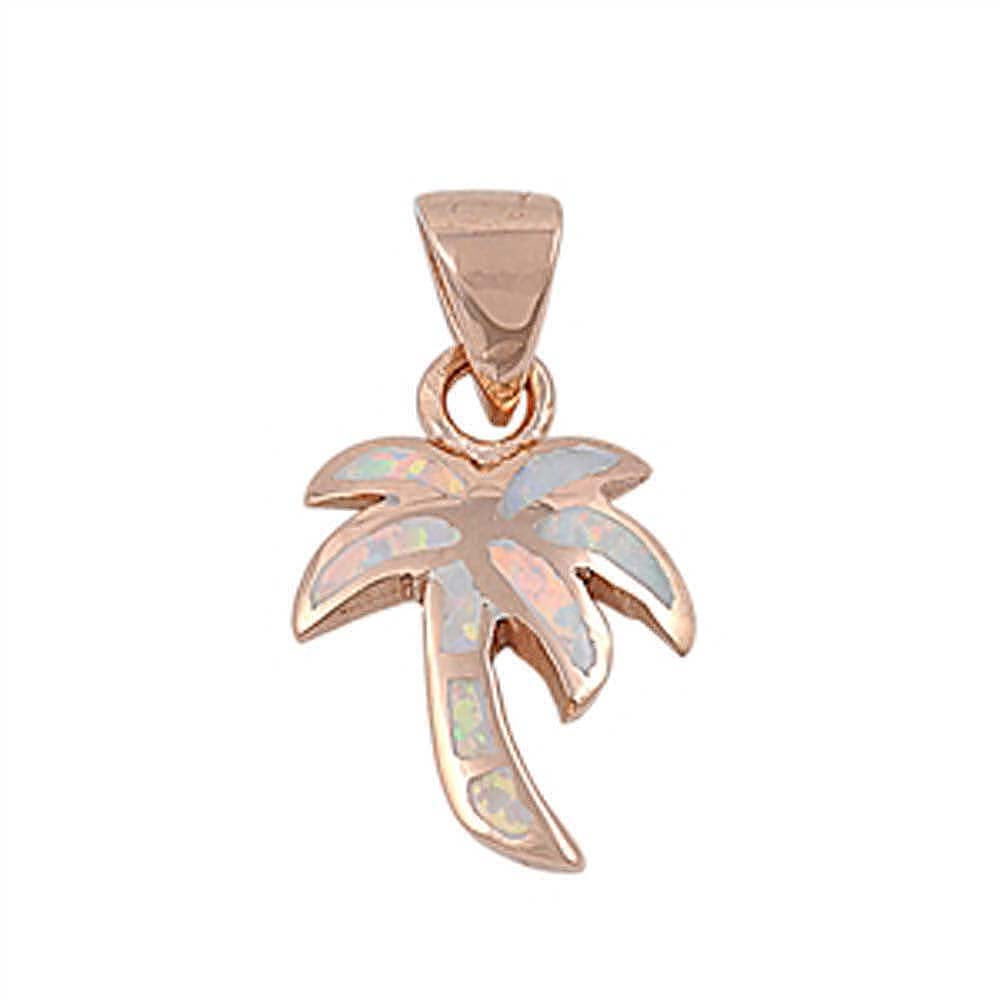 Sterling Silver Modish White Lab Opal Palm Tree with Bail Rose Gold Plated PendantAnd Pendant Height of 16MM