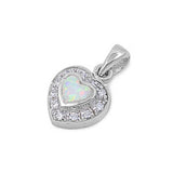 Sterling Silver Trendy Modish Heart with White Lab Opal and Clear CZ Stone Around the Heart Pendant And Pendant Height of 14MM