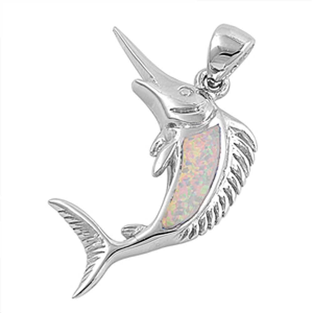 Sterling Silver Stylish Swordfish with White Lab Opal PendantAnd Pendant Height of 32MM