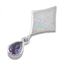 Load image into Gallery viewer, Sterling Silver Stylish Diamond Shape White Lab Opal and Dangling Pear Shape Amethyst CZ Stone Pendant with Pendant Height of 31MM
