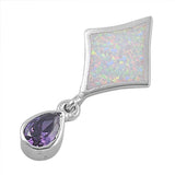 Sterling Silver Stylish Diamond Shape White Lab Opal and Dangling Pear Shape Amethyst CZ Stone Pendant with Pendant Height of 31MM