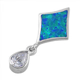 Sterling Silver Stylish Diamond Shape Blue Lab Opal and Dangling Pear Shape Clear CZ Stone Pendant with Pendant Height of 31MM