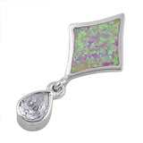 Sterling Silver Stylish Diamond Shape Pink Lab Opal and Dangling Pear Shape Clear CZ Stone Pendant with Pendant Height of 31MM