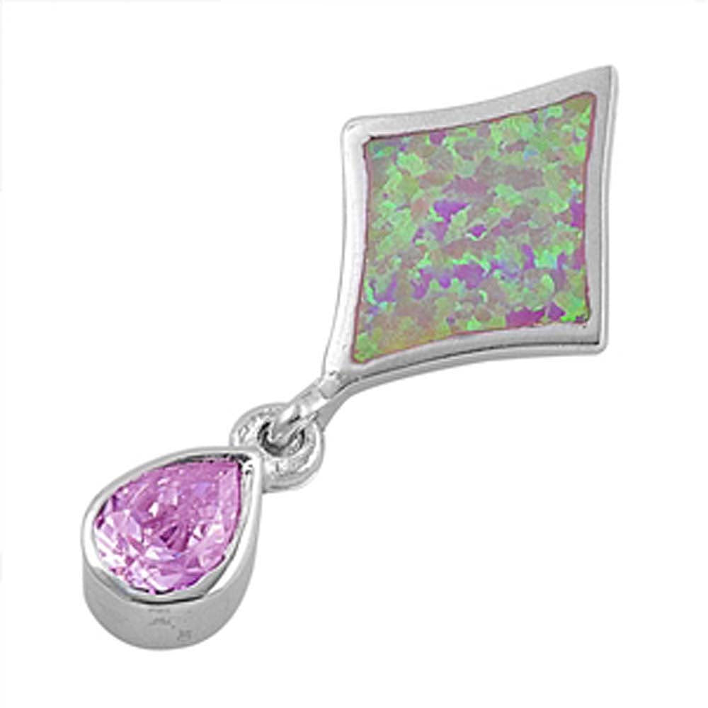 Sterling Silver Stylish Diamond Shape Pink Lab Opal and Dangling Pink CZ Stone Pendant with Pendant Height of 31MM