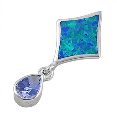 Sterling Silver Stylish Diamond Shape Blue Lab Opal and Dangling Pear Shape Tanzanite CZ Stone Pendant with Pendant Height of 31MM