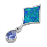 Sterling Silver Stylish Diamond Shape Blue Lab Opal and Dangling Pear Shape Tanzanite CZ Stone Pendant with Pendant Height of 31MM