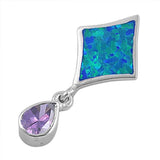 Sterling Silver Stylish Diamond Shape Blue Lab Opal and Dangling Pear Shape Amethyst CZ Stone Pendant with Pendant Height of 31MM