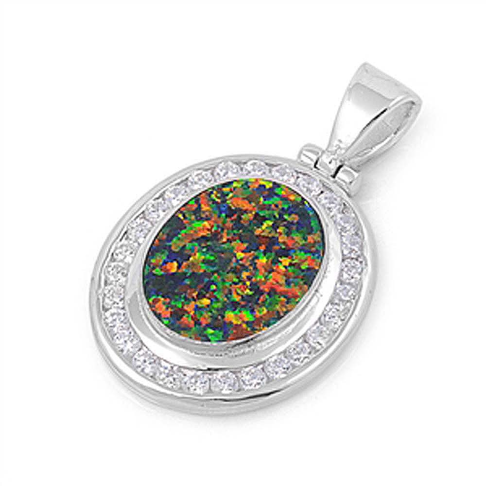 Sterling Silver Oval Shape Black Lab Opal Pendant  with CZ StonesAnd Pendant Height 28mm