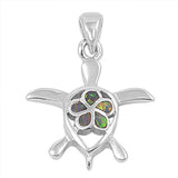 Sterling Silver Fancy Turtle and Black Lab Opal Flower Pendant with Pendant Height of 23MM