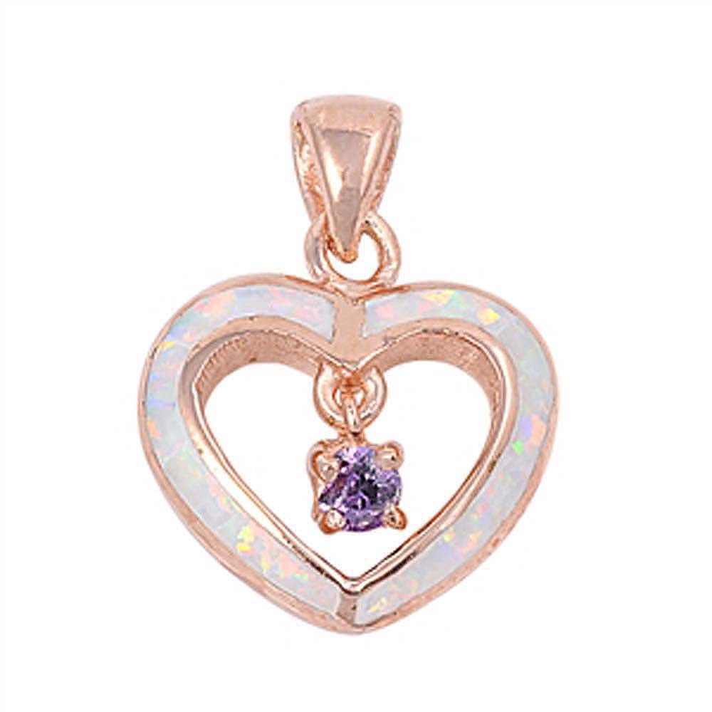 Sterling Silver Fancy White Lab Opal Open Cut Heart with Amethyst CZ Stone in the Center Rose Gold Plated PendantAnd Pendant Height of 18MM