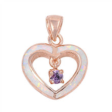Load image into Gallery viewer, Sterling Silver Fancy White Lab Opal Open Cut Heart with Amethyst CZ Stone in the Center Rose Gold Plated PendantAnd Pendant Height of 18MM