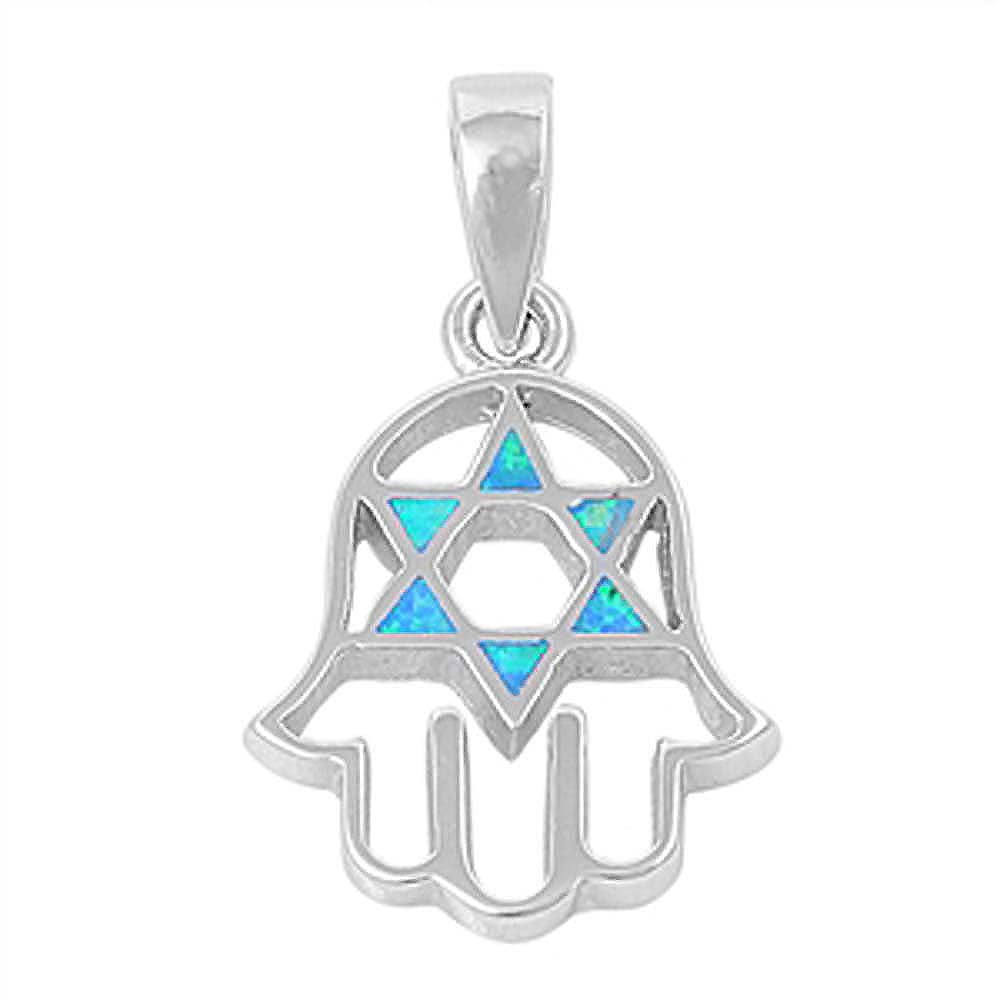 Sterling Silver Stylish Hand of God with Blue Lab Opal Star of David PendantAnd Pendant Height of 21MM