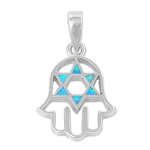 Load image into Gallery viewer, Sterling Silver Stylish Hand of God with Blue Lab Opal Star of David PendantAnd Pendant Height of 21MM