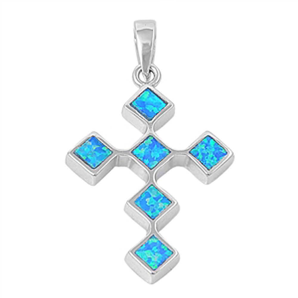 Sterling Silver Fancy Blue Lab Opal Diamond Shaped Cross Pendant with Pendant Height of 21MM