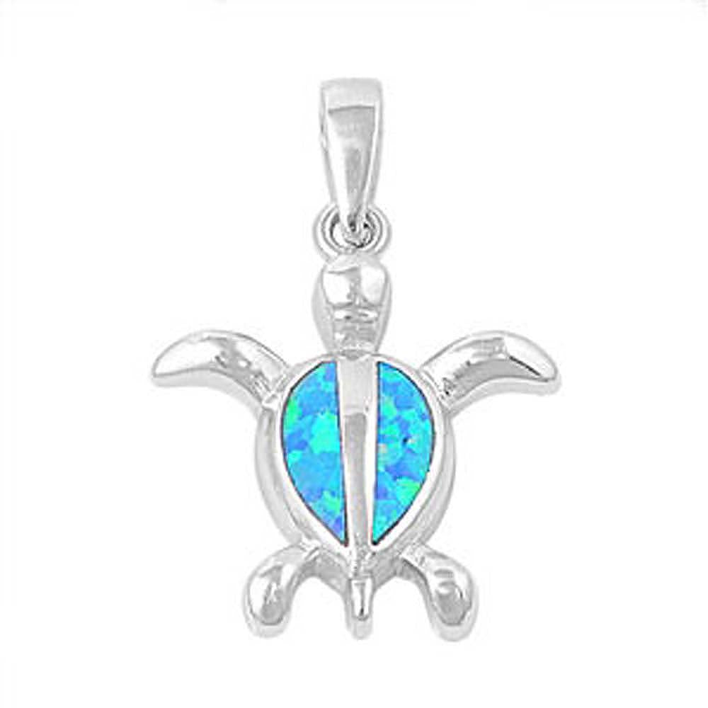 Sterling Silver Fancy Blue Lab Opal Turtle Pendant with Pendant Height of 22MM